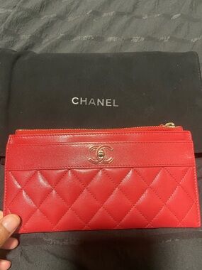 CHANEL Quilted Red Leather Zip Pouch
